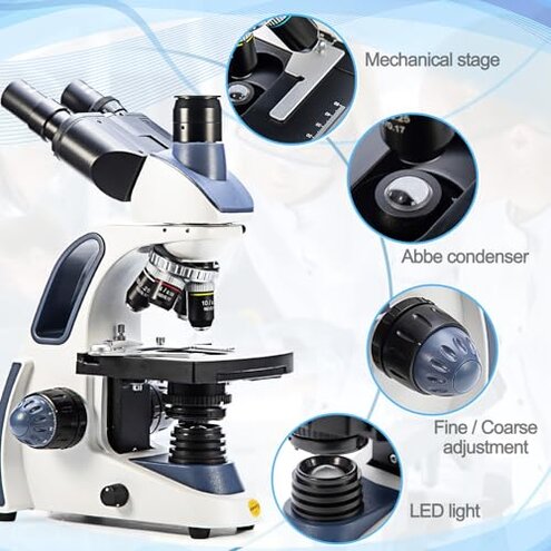 SWIFT SW380T Compound Trinocular Microscope, 40X-2500X Magnification, Two-Layer Mechanical Stage, 5.0 MP Camera and Software Windows/Mac Compatible and Smartphone Adapter and 100 PCS Blank Slides