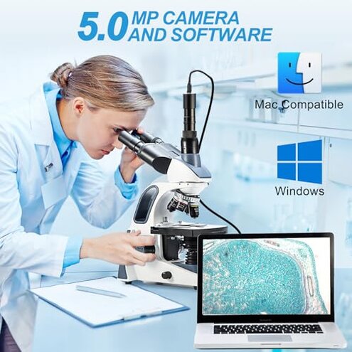 SWIFT SW380T Compound Trinocular Microscope, 40X-2500X Magnification, Two-Layer Mechanical Stage, 5.0 MP Camera and Software Windows/Mac Compatible and Smartphone Adapter and 100 PCS Blank Slides