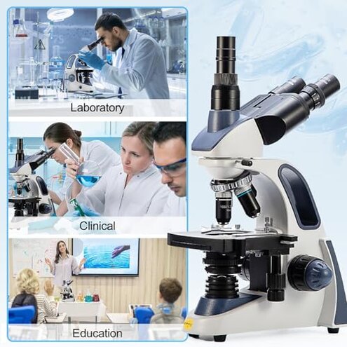 SWIFT SW380T Compound Trinocular Microscope, 40X-2500X Magnification, Two-Layer Mechanical Stage, 5.0 MP Camera and Software Windows/Mac Compatible and Smartphone Adapter and 100 PCS Blank Slides