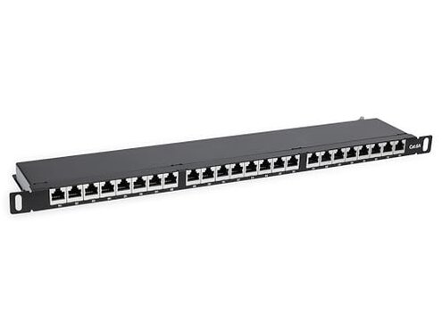 Intellinet Cat6a Shielded Desktop Patch Panel, 24-Port, FTP, 19", 0.5 U, 90&deg; Top-Entry Punch-Down Blocks, Black
