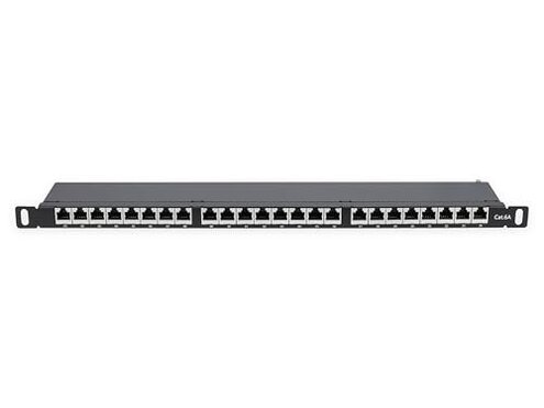 Intellinet Cat6a Shielded Desktop Patch Panel, 24-Port, FTP, 19", 0.5 U, 90&deg; Top-Entry Punch-Down Blocks, Black