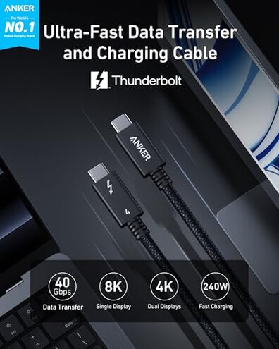Anker Prime Thunderbolt 4 Cable, 3.3 ft USB C to USB C Cable, 240W Charging, 40Gbps Data Transfer, Supports 8K/4K Displays, for iPhone 16 Series, MacBook Air, iPad, Samsung (Thunderbolt 4-Certified)