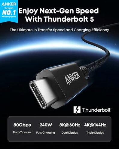 Anker Prime Thunderbolt 5 Cable, 3.3 FT USB C to USB C Cable, 240W Charging, 80Gbps Data Transfer, Up to 120Gbps Bandwidth, 8K/4K Displays, for iPhone 16, MacBook, and More (Thunderbolt 5-Certified)