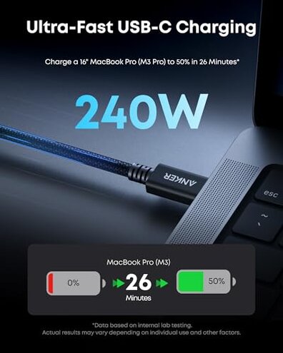 Anker Prime Thunderbolt 5 Cable, 3.3 FT USB C to USB C Cable, 240W Charging, 80Gbps Data Transfer, Up to 120Gbps Bandwidth, 8K/4K Displays, for iPhone 16, MacBook, and More (Thunderbolt 5-Certified)