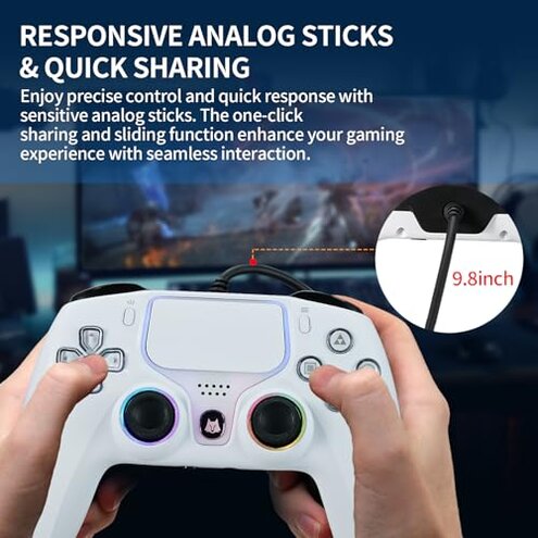 NBCP Wired PS5 Controller - Gaming Controller for PlayStation 5, PS4, PC/Steam, Turbo & Linear Hall-effect Trigger, Dual Vibration, 3.5mm Audio Jack - White