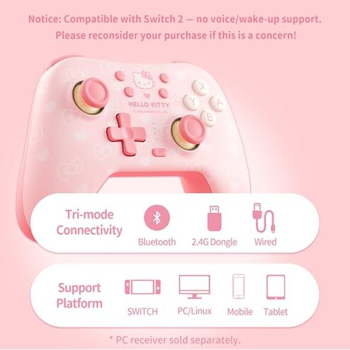 Kuitmor Pink Switch Controller,Hello Kitty Hall Effect Controllers Wireless for Switch 2/1/OLED/Lite,PC,Android,iOS | 2.4G Receiver + Bluetooth,1000mAh Battery,6-Axis Gyro,Dual Vibration,RGB Breathing Light