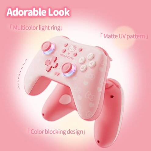 Kuitmor Pink Switch Controller,Hello Kitty Hall Effect Controllers Wireless for Switch 2/1/OLED/Lite,PC,Android,iOS | 2.4G Receiver + Bluetooth,1000mAh Battery,6-Axis Gyro,Dual Vibration,RGB Breathing Light
