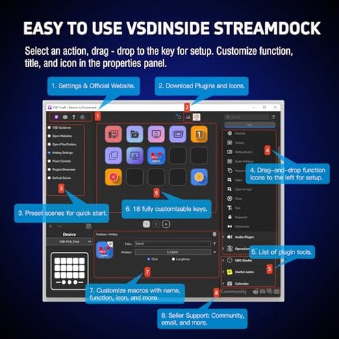 VSDINSIDE Macro Keypad, Stream Controller Deck Gaming Streaming Shortcut Keyboard, 18 Programmable Keys Customizable Visual AI Pad USB Soundboard for OBS, YouTube, Desk Office Setup, Laptop, PC, Mac