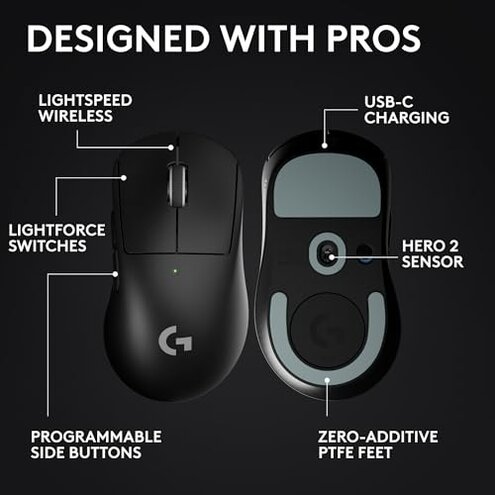 Logitech G PRO X Superlight 2 DEX Wireless Gaming Mouse, 60g pro-Grade Right-Handed Mouse with 5 programmable Buttons, USB-C Charging, 44k DPI Sensor, up to 8 kHz Polling for PC/Mac - Black