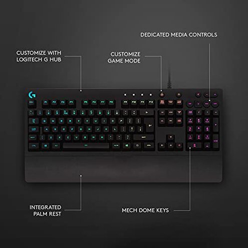 Logitech G213 Prodigy Wired Gaming Keyboard, LIGHTSYNC RGB Backlit Keys, Spill-Resistant, Customizable Keys, Dedicated Multi-Media Keys &ndash; Black