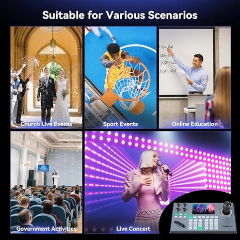 Tenveo NDI PTZ Camera Joystick Controller, 5'' LCD Screen Real-time Preview 4D Joystick Control Keyboard Support NDI PoE VISCA Pelco-D/P RS422/RS485 RS232 RJ45 for Church Live/Events/Live Streaming