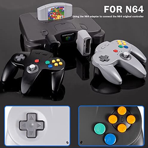 KIWITATA 2 Pack N64 Wireless Controller for Switch Games, 2.4GHz N64 Remote Wireless Gamepad Compatible with Windows PC(7 8 10 11), Raspberry Pi, iOS, N64 System Console Gray