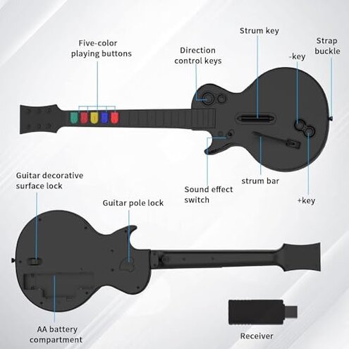 NBCP PC Guitar Hero Controller, Wireless PS3 Guitar Hero with Dongle for PC/PlayStation 3, Compatible with Guitar Hero, Rock Band, Clone Hero & Fortnite Festival - Black