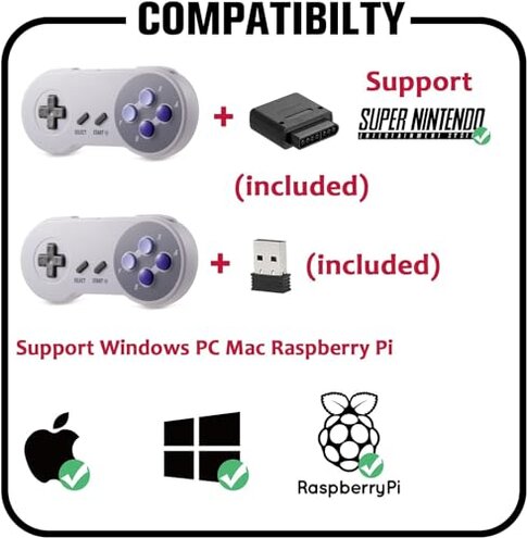 KIWITATA 2 Pack Wireless Controller for SNES Original Console, 2.4ghz Rechargeable Wireless SNES Remote PC Game Pad Controller for Super SNES Entertainment System &Windows XP& Raspberry Pi