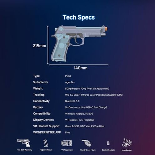 WonderFitter M9 VR Pistol Controller for Meta Quest 2/3/3S SteamVR HTC Vive PICO Realistic Shooting Simulator with Recoil Trigger Pull Detachable Magazine FPS Gun Accessory for Pavlov Onward Half-Life