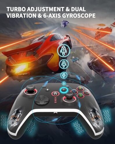Bcofo Wireless Mobile Gaming Controller for iPhone/Android/Switch/Laptop, Wired Control for PC/Steam, Programmable Game Gamepad with Phone Clip for Gamer, with RGB Lighting Effect/Turbo/Vibration