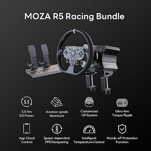 MOZA Trucking Bundle 4PCS PC Gaming Racing Simulator Kit: R5 5.5Nm Direct Drive Wheel Base, 400mm TSW Truck Wheel, SR-P Lite Pedals and Wheel Clamp for PC, Black