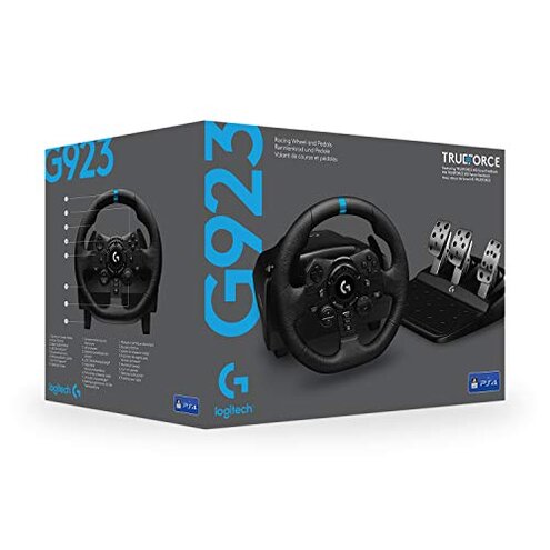 Logitech G923 Racing Wheel and Pedals, TRUEFORCE up to 1000 Hz Force Feedback, Gaming Steering Wheel PS5, PS4, PC, Mac, Genuine Leather- Black