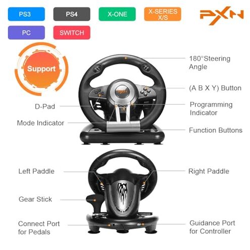 PXN PC Racing Wheel, V3 PRO 180 Degree Universal USB Car Sim Game Steering Wheel with Pedals for Xbox One, Xbox Series S/X, PS3, PS4, Switch