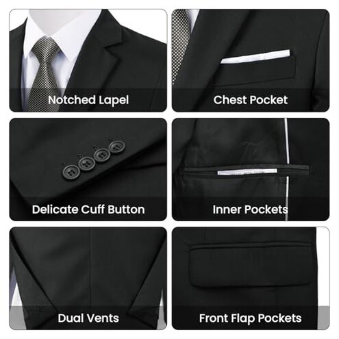 MAGE MALE Mens Two Button 3-Piece Suits Slim Fit Tuxedo Set with Blazer Jacket Vest & Pants for Wedding Prom Business Black