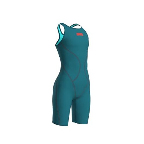 ARENA Powerskin Impulso Open Back Junior Girls’ Competition Racing Swimsuit Jade Aura Full Body Short Leg Kneeskin One Piece Athletic Tech Swim Suit, Biscay Bay Green/Cherry Red, US Size 26
