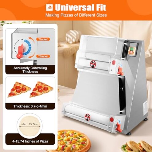 VEVOR Pizza Dough Roller Sheeter, 3-16 Inch Semi-automatic Stainless Steel Pizza Press, Commercial Electric 390W Pasta Maker Machine, 260 pcs Per Hour, Adjustable Thickness, with Dough Press Lid