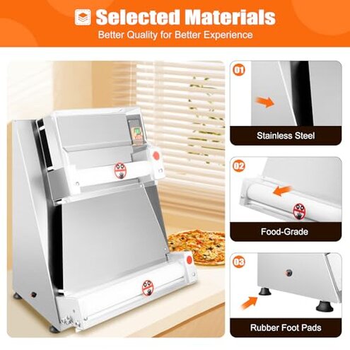 VEVOR Pizza Dough Roller Sheeter, 3-16 Inch Semi-automatic Stainless Steel Pizza Press, Commercial Electric 390W Pasta Maker Machine, 260 pcs Per Hour, Adjustable Thickness, with Dough Press Lid