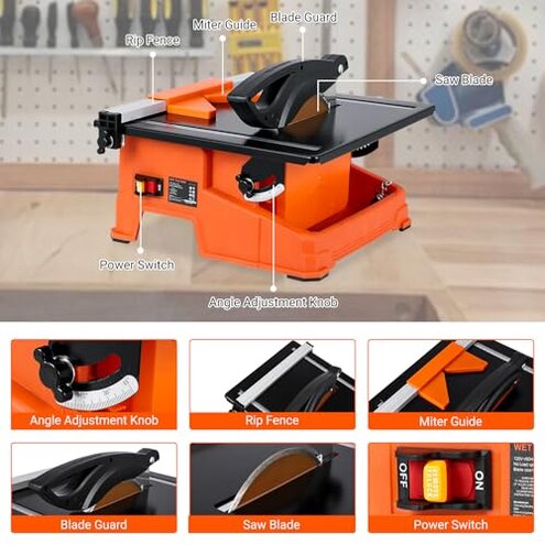 7 inch Wet Tile Saw, 6500 RPM & Pure Copper Motor, Bevel cuts tile from 0 to 45, Tile Cutter Wet Saw with Water Reservoir for Cutting Tiles and Stones, for DIY Enthusiasts