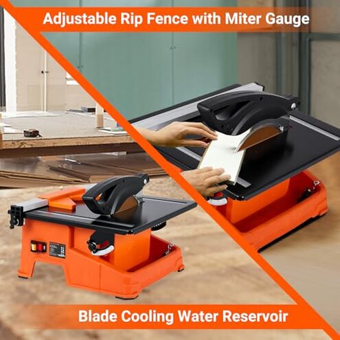 7 inch Wet Tile Saw, 6500 RPM & Pure Copper Motor, Bevel cuts tile from 0 to 45, Tile Cutter Wet Saw with Water Reservoir for Cutting Tiles and Stones, for DIY Enthusiasts