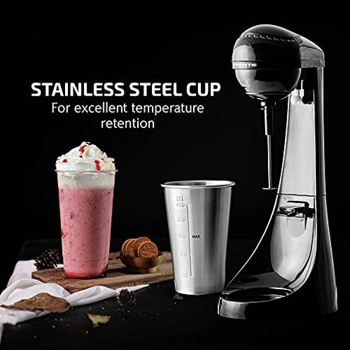 OVENTE Classic Milkshake Maker Machine with 2 Speed Setting, Safety Lock & 15.2 Ounce Stainless Steel Mixing Cup & Rod, Electric Drink Mixer Ideal for Malted Milk, Protein Shakes & More, Black MS2070B