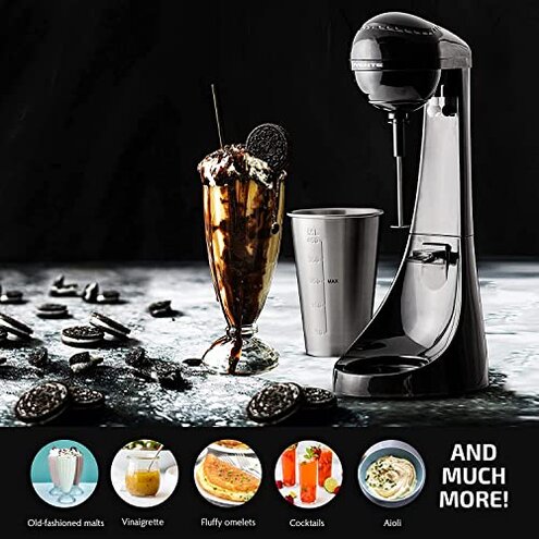 OVENTE Classic Milkshake Maker Machine with 2 Speed Setting, Safety Lock & 15.2 Ounce Stainless Steel Mixing Cup & Rod, Electric Drink Mixer Ideal for Malted Milk, Protein Shakes & More, Black MS2070B