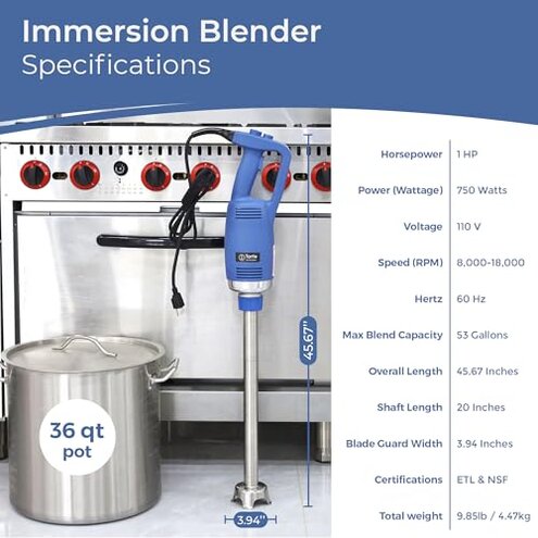 TK Commercial Immersion Blender, 750 Watt/1 HP Variable Speed Motor, 20,000 RPM X-Heavy Duty with Performance Assurance - 20"