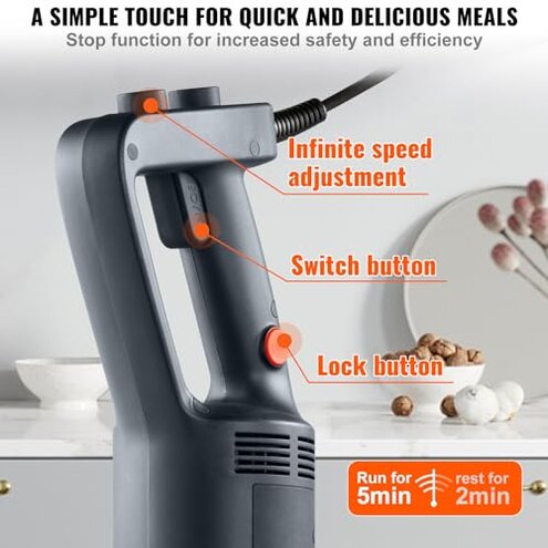 VEVOR Commercial Immersion Blender, 750W 12" Heavy Duty Hand Mixer, Variable Speed Kitchen Stick Mixer with 304 Stainless Steel Blade, Multi-Purpose Blender for Soup, Smoothie, Puree, Baby Food