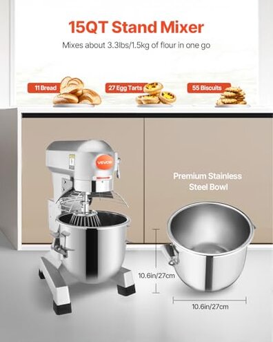 Happybuy 15Qt Commercial Food Mixer with Timing Function, Commercial Mixer 600W Stainless Steel Bowl Heavy Duty Electric Food Mixer Commercial with 3 Speeds Adjustable, Perfect for Bakery Pizzeria