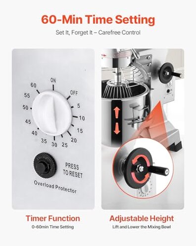 Happybuy 15Qt Commercial Food Mixer with Timing Function, Commercial Mixer 600W Stainless Steel Bowl Heavy Duty Electric Food Mixer Commercial with 3 Speeds Adjustable, Perfect for Bakery Pizzeria