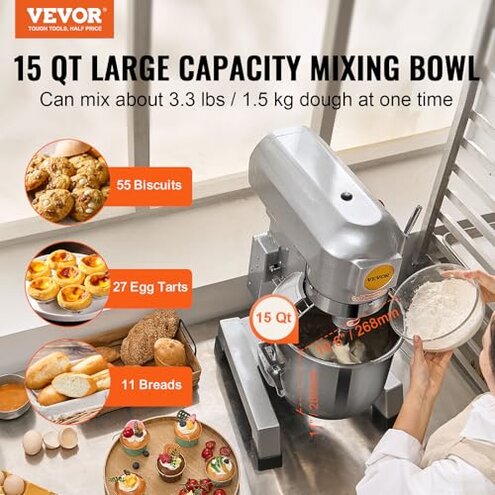 VEVOR Commercial Food Mixer, 15Qt Capacity with Timer, 500W Stainless Bowl Durable Electric Mixer for Commercial Use, 3 Speed Options 113/184/341 RPM, Includes Dough Hook & Whisk