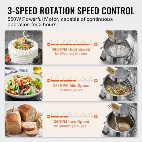 VEVOR Commercial Food Mixer, 15Qt Capacity with Timer, 500W Stainless Bowl Durable Electric Mixer for Commercial Use, 3 Speed Options 113/184/341 RPM, Includes Dough Hook & Whisk