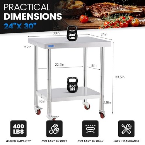 KUARBARR Stainless Steel Table for Prep & Work with 4 Caster Wheels with Adjustable Undershelf 24 x 30 NSF Metal Commercial Kitchen Worktable for Restaurant Home Outdoor