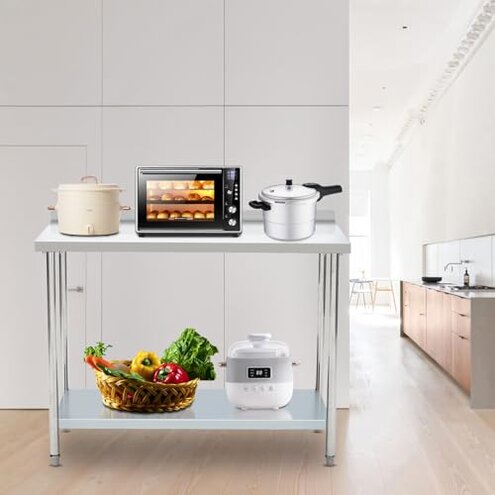 Atelicf All-Stainless Steel Prep Table, 30 X 48 Inches, with Rounded-Corner Backsplash and Adjustable Undershelf, Heavy-Duty for Outdoor Use,Restaurants,Hotels,Workshops,Kitchens,Gardens, and Garages