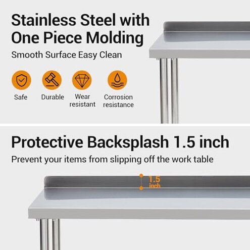 Atelicf All-Stainless Steel Prep Table, 30 X 48 Inches, with Rounded-Corner Backsplash and Adjustable Undershelf, Heavy-Duty for Outdoor Use,Restaurants,Hotels,Workshops,Kitchens,Gardens, and Garages