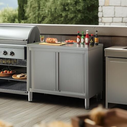 PulseFay Stainless Steel Work Table with Cabinet 39"x20",Commercial Kitchen Workbench with Sliding Doors for Prep Work, Heavy Duty Prep Table for Restaurant,Garage,Warehouse