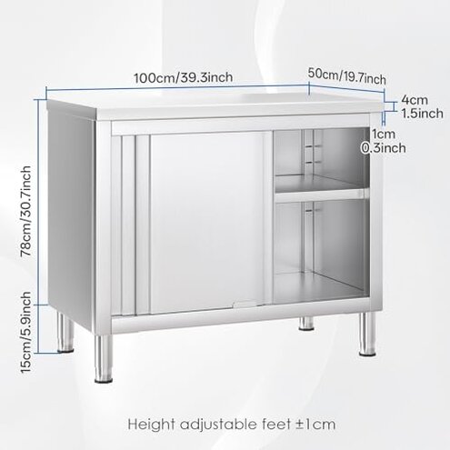 PulseFay Stainless Steel Work Table with Cabinet 39"x20",Commercial Kitchen Workbench with Sliding Doors for Prep Work, Heavy Duty Prep Table for Restaurant,Garage,Warehouse