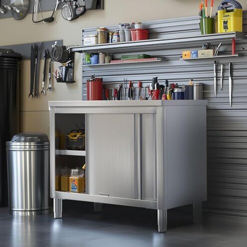 PulseFay Stainless Steel Work Table with Cabinet 39"x20",Commercial Kitchen Workbench with Sliding Doors for Prep Work, Heavy Duty Prep Table for Restaurant,Garage,Warehouse