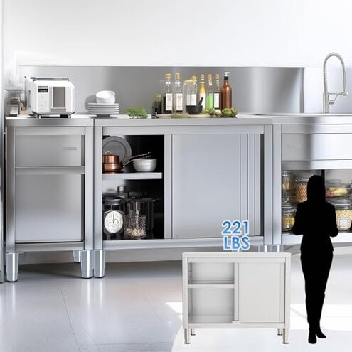 PulseFay Stainless Steel Work Table with Cabinet 39"x20",Commercial Kitchen Workbench with Sliding Doors for Prep Work, Heavy Duty Prep Table for Restaurant,Garage,Warehouse