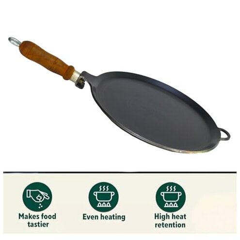 MYNAKSHA Iron Tawa for Dosa,Roti Chapati, Flat Surface Iron Tava with Wooden Handle, 10 Inch, 1.6Kg, Black Hand made