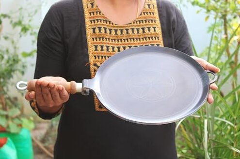 MYNAKSHA Iron Tawa for Dosa,Roti Chapati, Flat Surface Iron Tava with Wooden Handle, 10 Inch, 1.6Kg, Black Hand made