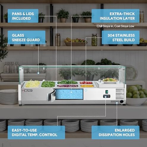 VEVOR Refrigerated Condiment Prep Station, 135 W Countertop Refrigerated Condiment Station, with 2 1/3 Pans & 4 1/6 Pans, 304 Stainless Body and PC Lid, Sandwich Prep Table with Stainless Guard, ETL