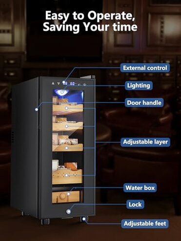 FoMup Electric Cooler Cabinet 35L with Temperature and Humidity Control, Spanish Cedar Wood Shelves and Safety Lock (270 Counts Capacity), Gift for Men