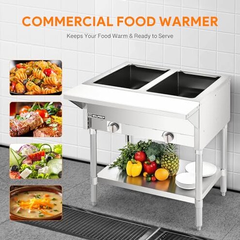 WILPREP 2 Well Commercial Gas Steam Table, 7000BTU Natural Gas Food Warmer with 8" Cutting Board & Storage Shelf, 30" Stainless Steel Food Warmer with Knob Control for Catering Buffets Restaurants
