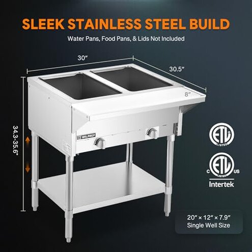 WILPREP 2 Well Commercial Gas Steam Table, 7000BTU Natural Gas Food Warmer with 8" Cutting Board & Storage Shelf, 30" Stainless Steel Food Warmer with Knob Control for Catering Buffets Restaurants
